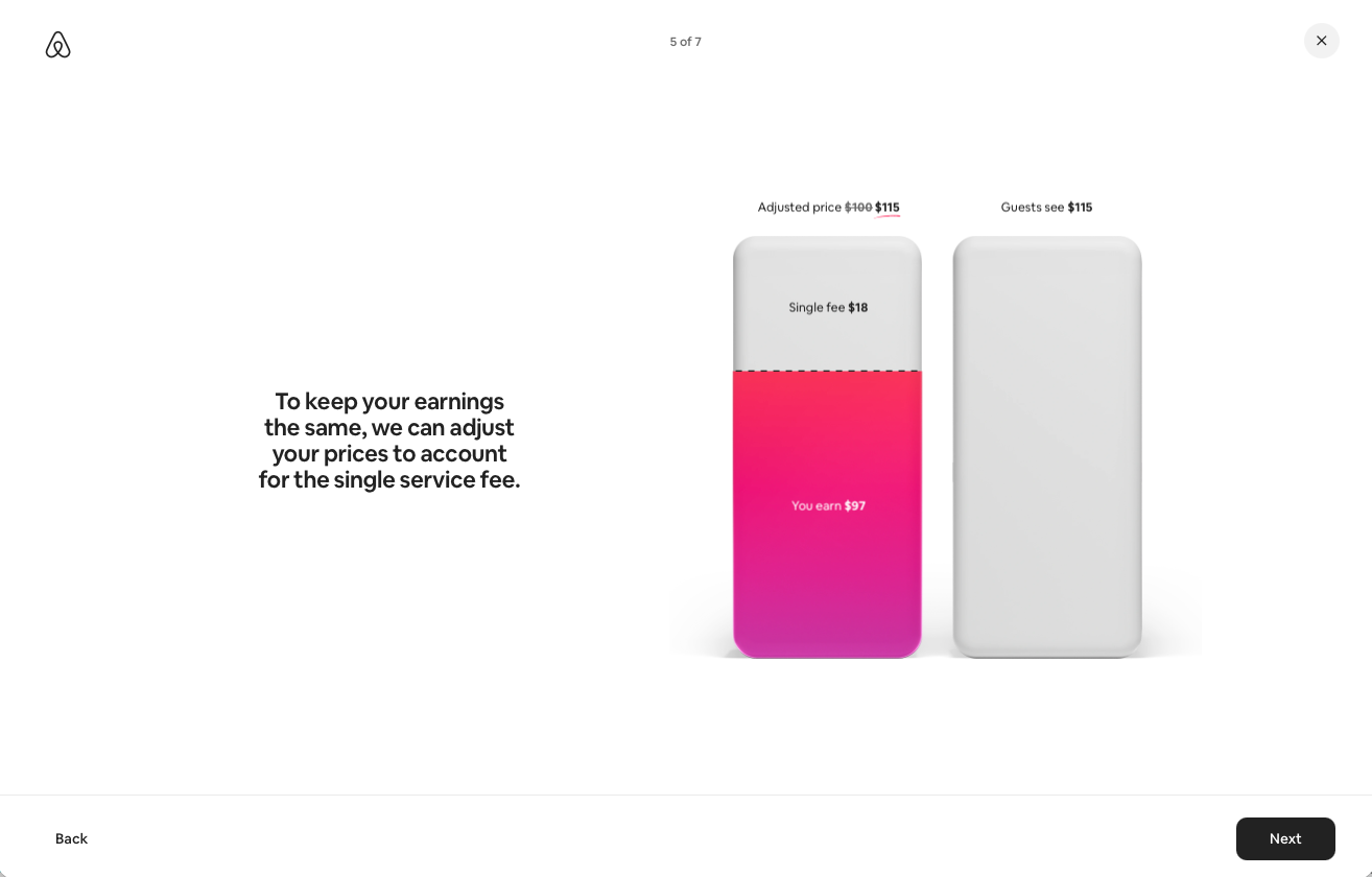Airbnb slide saying hosts can adjust prices to keep earnings the same after a single service fee shift.